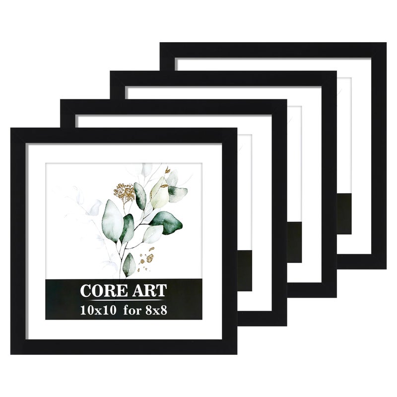 CORE ART 10x10 Picture Frame Set of 4, Display Pictures 8x8 with Mat or 10 x 10 without Mat, Multi Photo Frames Collage for Wall or Tabletop Display, Black - Image 1
